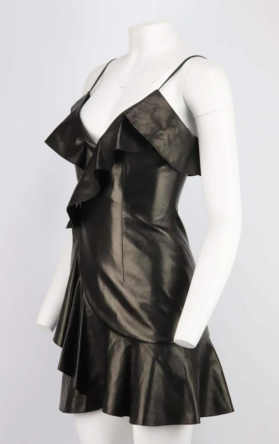 BALMAIN WRAP EFFECT RUFFLED LEATHER MINI DRESS FR 36 UK 8 - Image 4